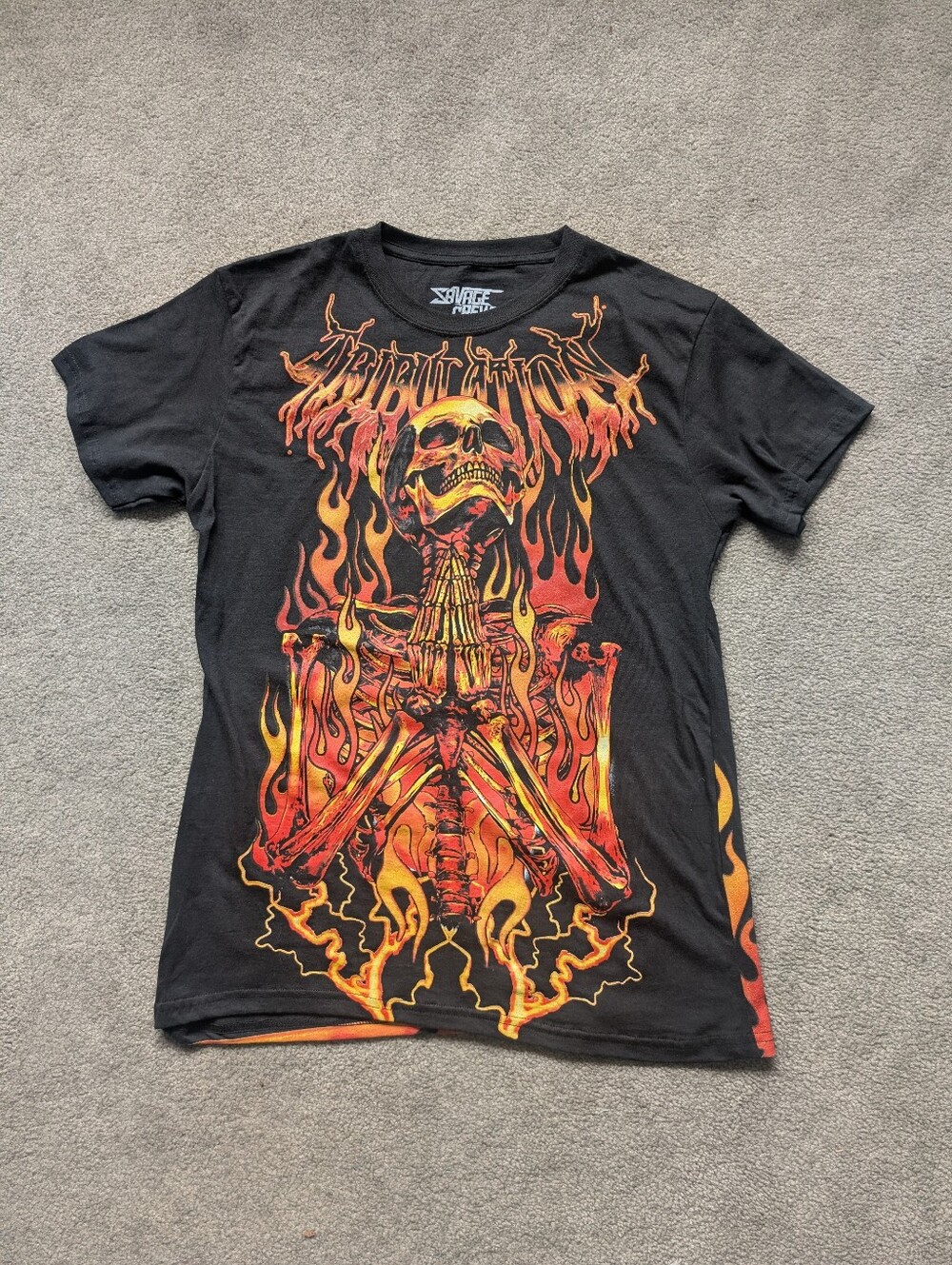 Savage Crew Flaming Skull Tee Black/Red Tee/T Shirt (M)